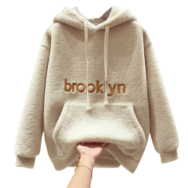 

Winter Autumn Women Plush Letters Embroidered Hat Collar Long Sleeve Casual Warm Loose Long Thick Tops