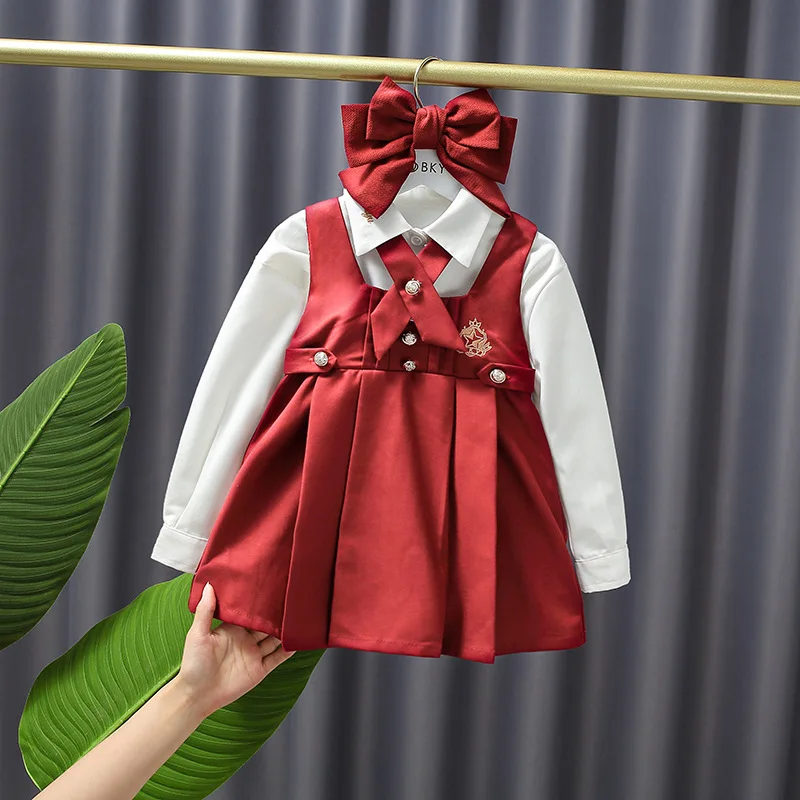 

Baby Girls Red Tie Sweet 2pcs Suit Princess Shirt+dress Sets Kids Infants Children Spring Autumn Long Sleeve Bow Party Suit y118