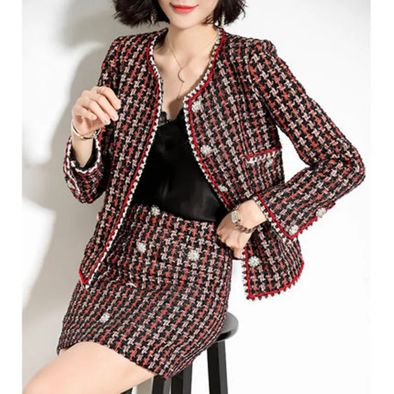 Осенне зимние женские сексуальные Твидовые костюмы модные топы + Юбки Комплекты