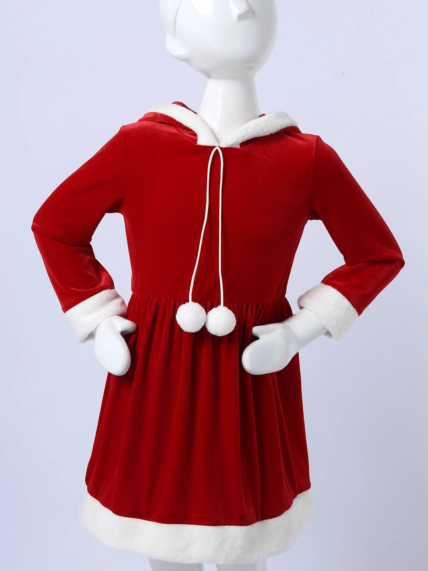 4-14Y Kids Girls Christmas Costume Dress With Hooded Velvet Long Sleeve Red Xmas Dress Princess New Year Party Outfit Dress Up