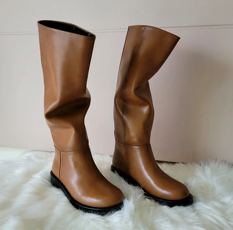 

Women Knee High Boots Full Cow Leather Warm Boots Thick High Heels Motorcycle Boots Punk Shoes Woman High Boots