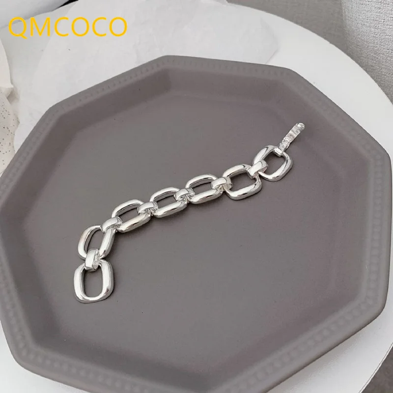 

QMCOCO 925 серебряные браслеты для женщин трендовые хип-хоп простые толстые цепи креативные ажурные квадратные геометрические дизайнерские юв...