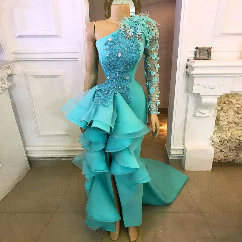 Turquoise Flower Lace Mermaid Evening Dresses Real Image Gonna Feather Crystal Side Split Prom Gowns Ruffles Formal | Свадьбы и