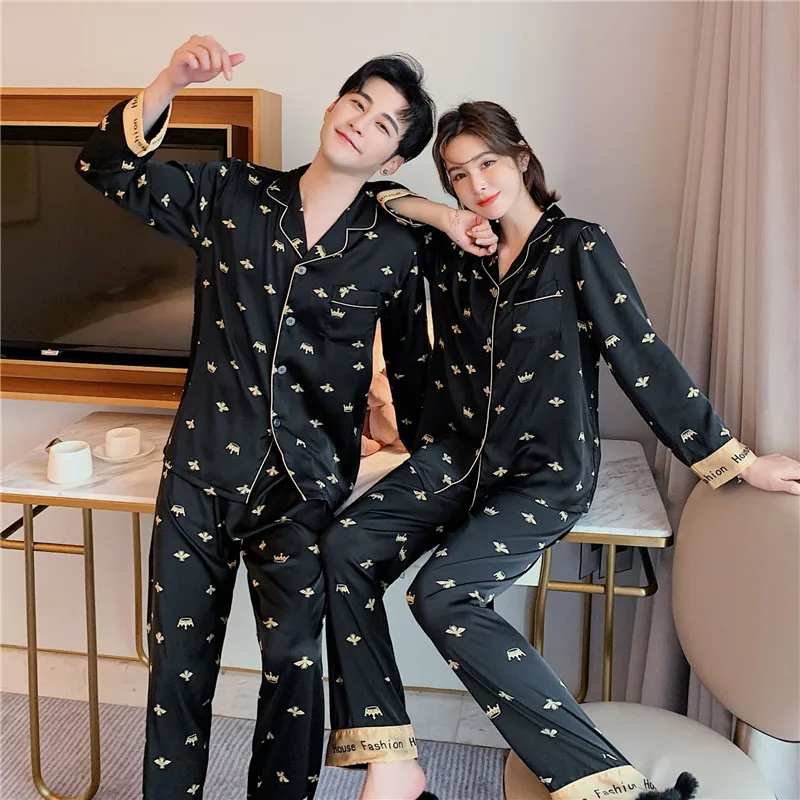 

Brand Men Fashion Home Service Lovers Pajamas High Quality Long-sleeved Suit Men Women Spring Autumn Two-piece cardigan Pajamas