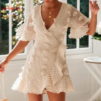 summer cottagecore dress party short sleeve elegant v neck high waist a line club vestidos 2021 women lace mini dresses white