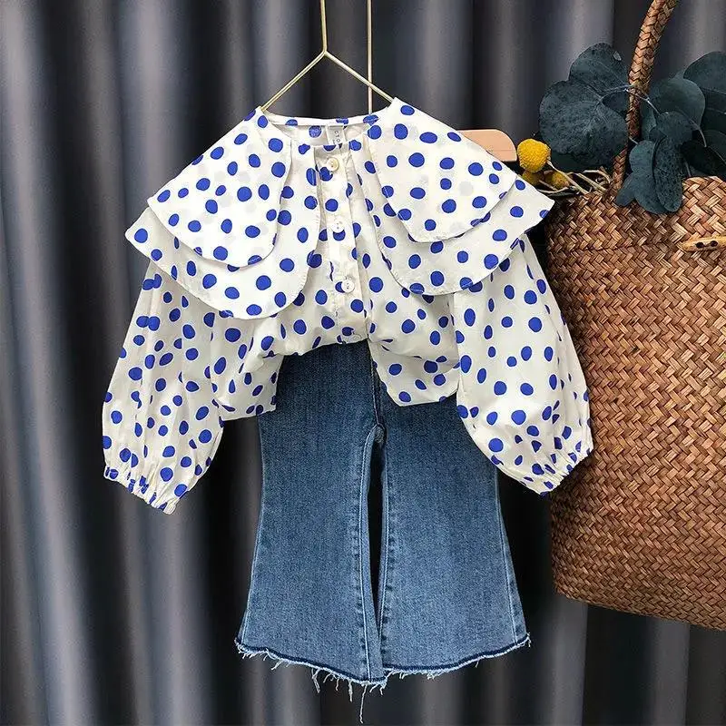 

Girls' Spring And Autumn Suit 2021 New Children's Long Sleeve Top Girls' Jeans Wide Leg Pants Girls Clothes