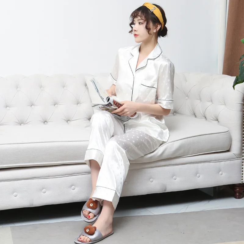 

Print Flower Women Nightwear 2PCS Pajamas Suit Intimate Lingerie Summer New Home Clothing Satin Casual White Pyjamas Sleepwear