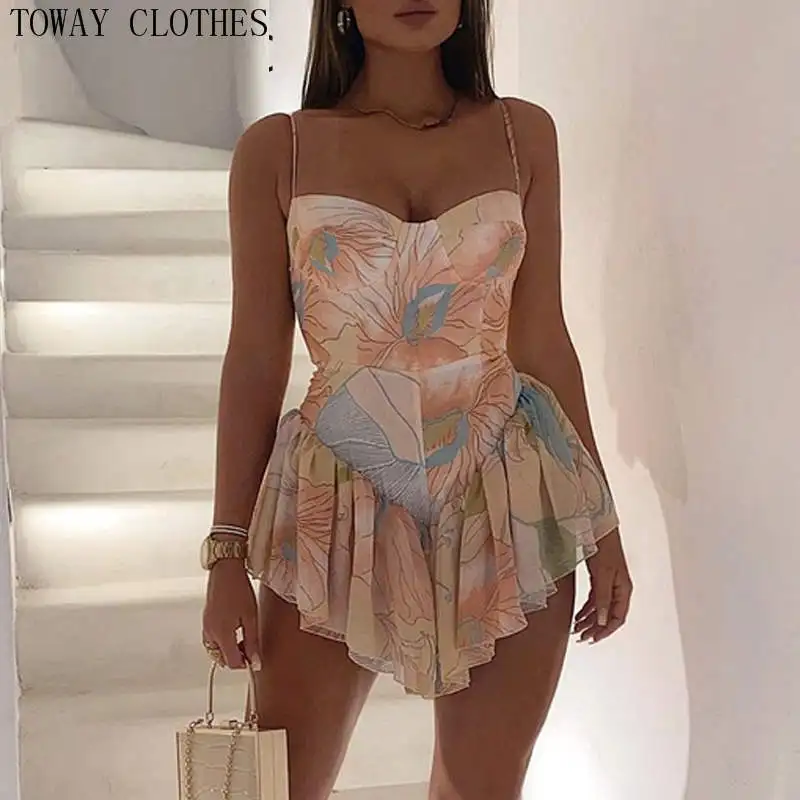 

Women Spaghetti Strap Blooming Floral Print Ruffles Irregular Dress Mini Dress Elegant Fashion Chic Dress