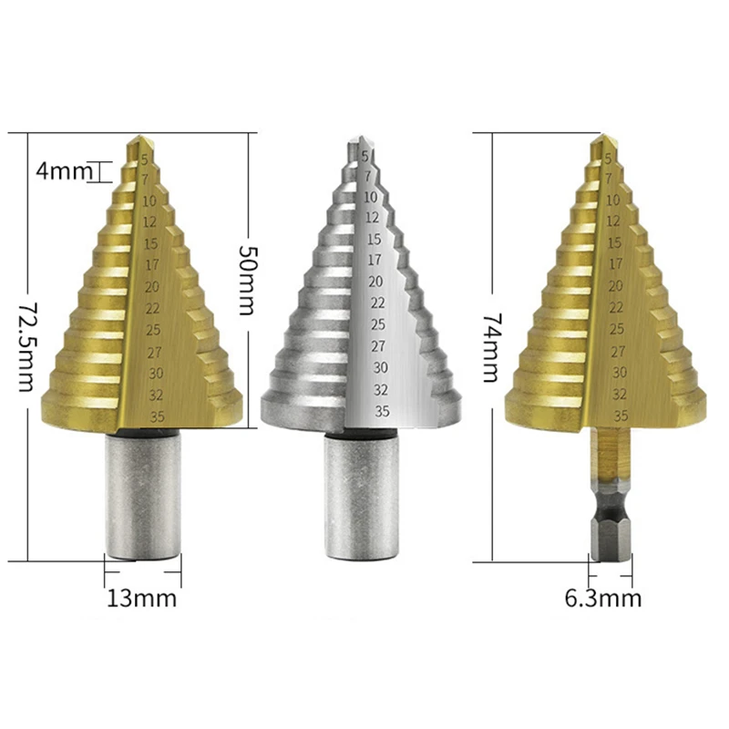1pc HSS 4241 Step Drill Tool 5-35MM 13 Steps Multiple Hole Metals Platic Wood Cone Drill Bits