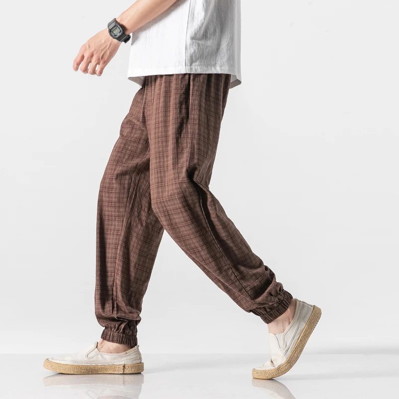 Autumn New Casual Pants Men Cotton Linen Slim Fit Grid Fashion Trousers Male Brand Clothing Plus Size 5XL Y1864