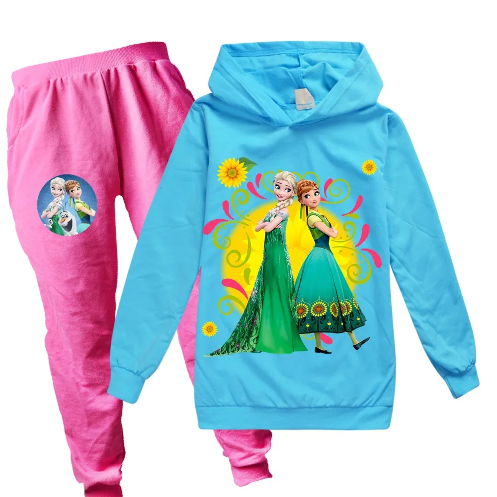 Disney Cute Frozen Elsa Print Hoodie Pants Set Coat Trousers Hoody Sweatshirt Clothes for Girls Kids Home Clothing | Детская одежда и
