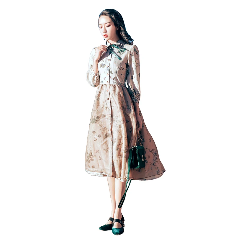 Женское винтажное платье миди в стиле ретро с цветочным принтом рукавами