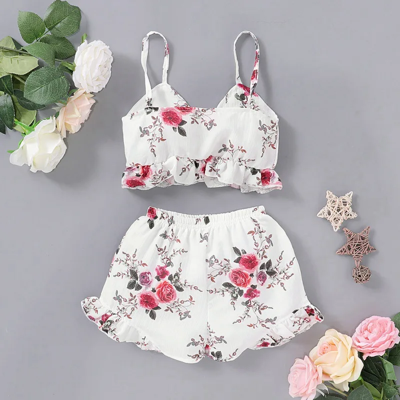 

HOT Summer Baby Girls Casual Flower Costume Set Child Sleeveless Vest T-shirt+Floral Print Shorts Suits Set8