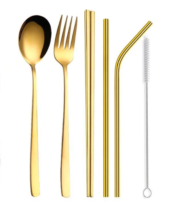 gold set Лидер продаж, набор посуды 5 шт./компл. многоразовые Нержавеющая сталь комплект переносной посуды с Ложка Вилка Набор ножей и Чистящая Щетка - Цвет: gold set