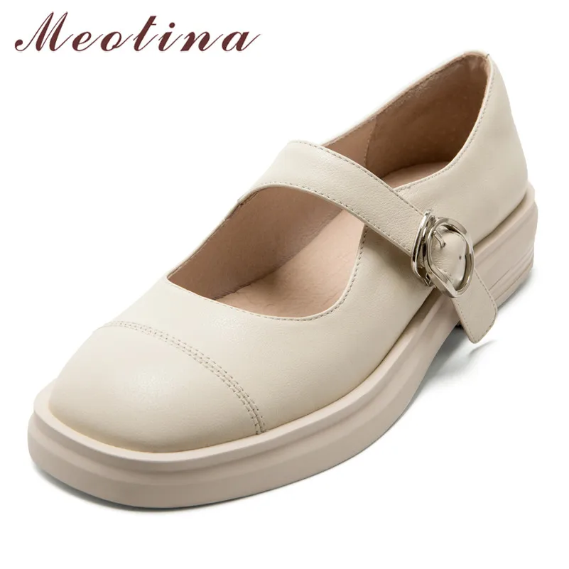 

Meotina Women Flat Shoes Natural Genuine Leather Platform Flat Mary Janes Shoes Round Toe Buckle Strap Footwear Lady Dress Shoes