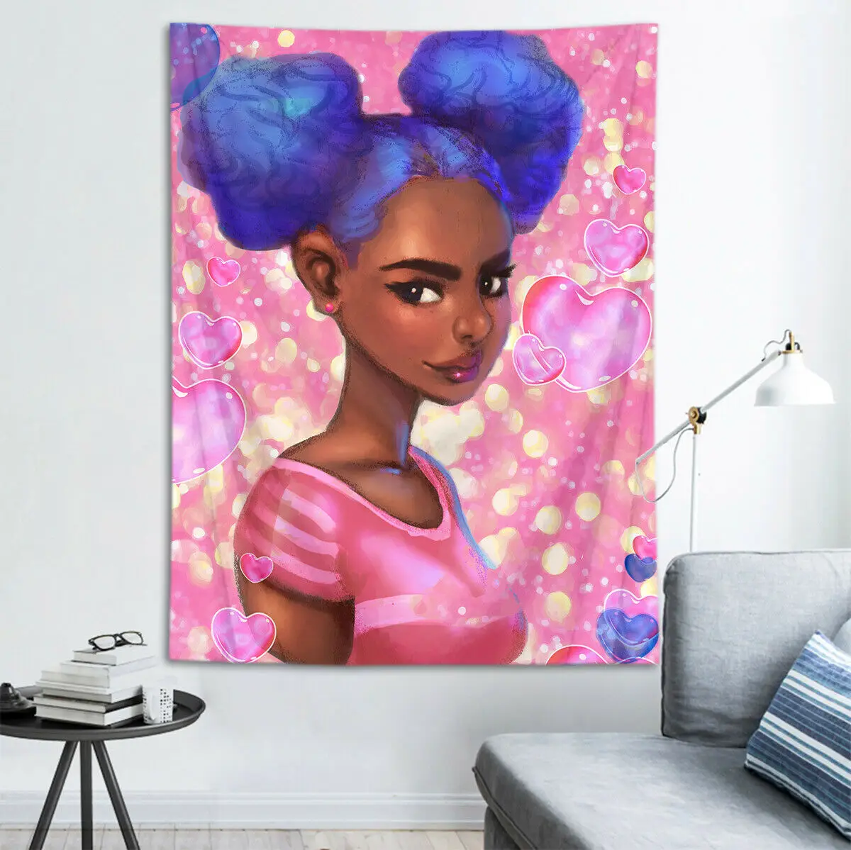 

Polyester Dorm Tapestry Love Heart Afro African Black Girl Wall Hanging Blanket