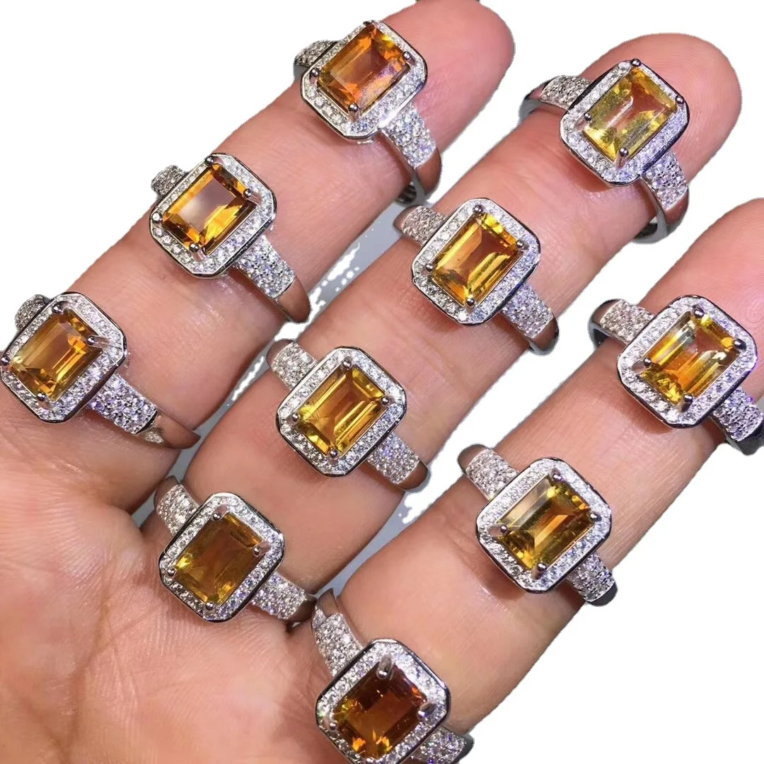 

7mm Natural Yellow Citrine Quartz Ring Jewelry For Women Man Love Luck Gift Crystal Beads Silver Stone Adjustable Ring AAAAA