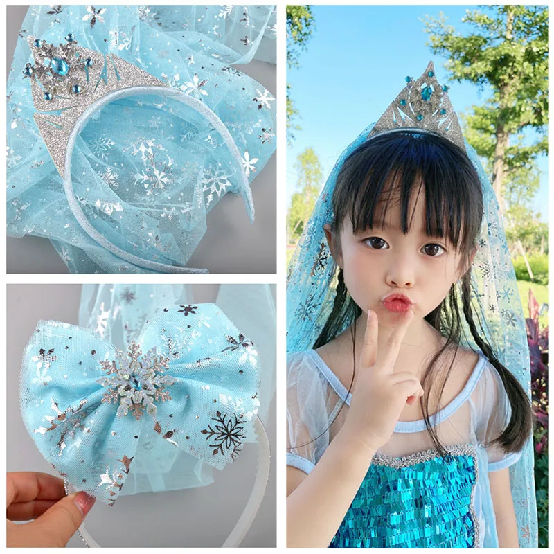 

New Kids Girls Hairband Crown Princess Veil Headband Bow Hairpin Snowflake Children's Birthday Gift Headwear Hair Accessories