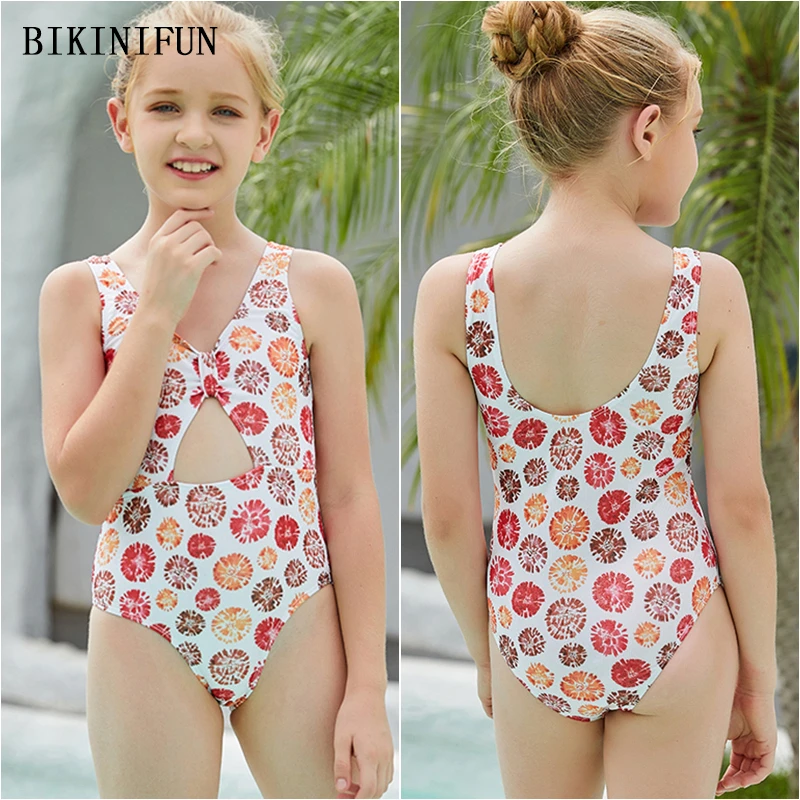 

4-13 Years Teenager Swimwear New Lovely Print One Piece Suit Chilren Key Hole Beachwear Backless Swimsuit Bow Knot Monokini