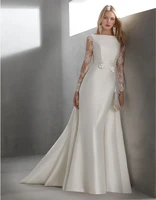 vintage vestidos de novia detachable train satin wedding dresses 2021 shealth long sleeves robe de mari%c3%a9e lace bridal gown