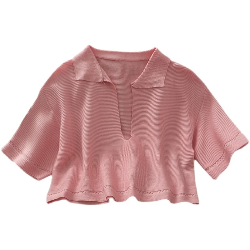 

Women's Korean-Style Sneaky Design Short Cropped Pure Color All-Matching Short-Sleeved Shirt 2021 New Polo Collar Loose Knitted
