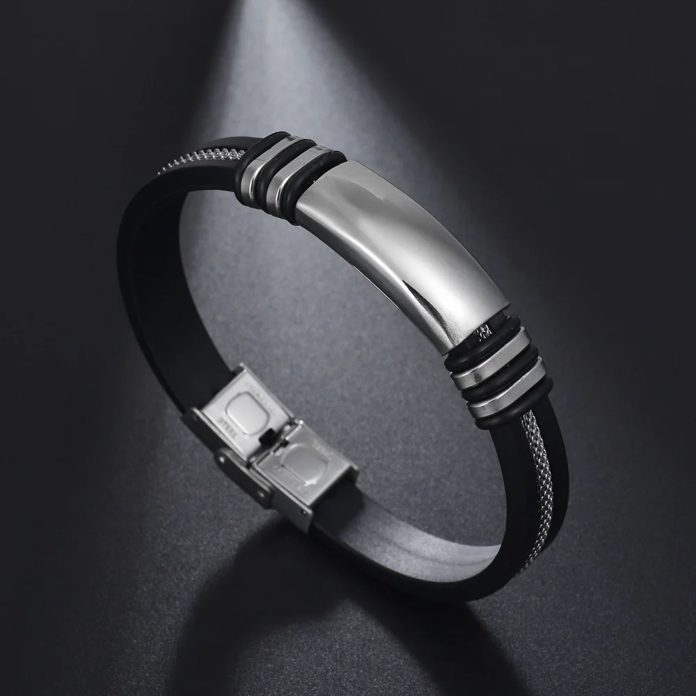 

Women Men Wrist Band Bracelets Black Grooved Rudder Silicone Mesh Link Insert Punk Wristband Stainless Steel Casual Bangles