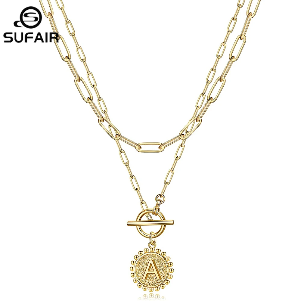

Sufair 2pc Layered Coin Initial Necklaces 14K Gold Plated Dainty Layering Paperclip Link Chain Pendant Girl Women Jewelry Gift