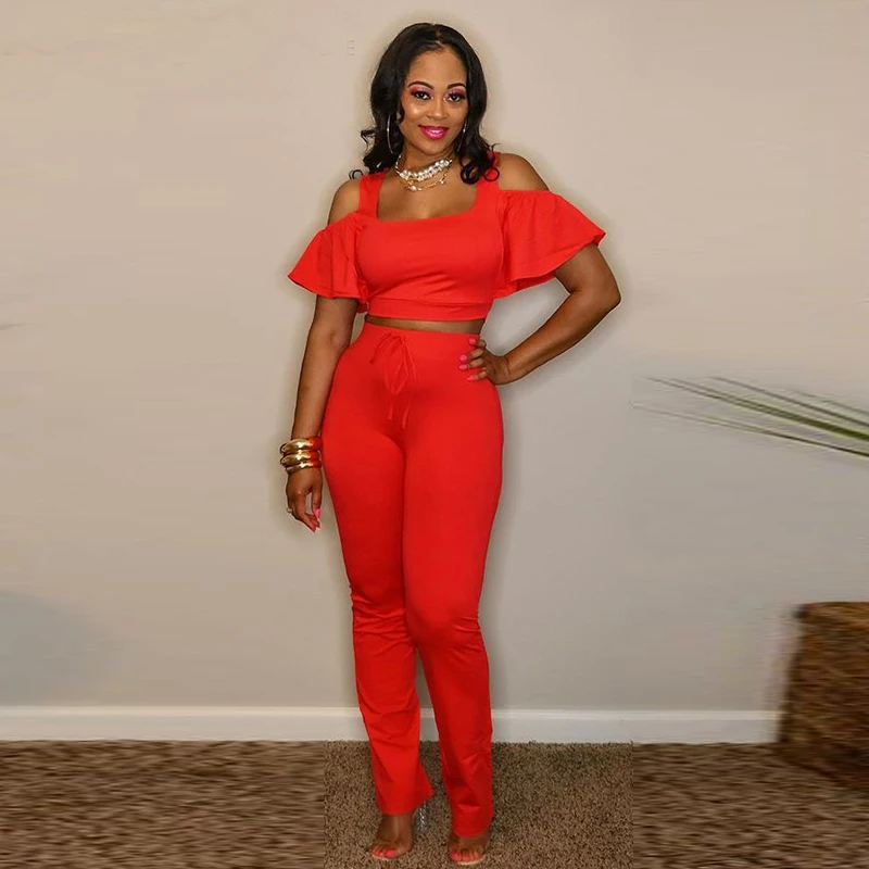 

Plus Size Two 2 Piece Set for Women Casual Outfits Ruffles Sleeve Cold Shoulder Crop Top + Legging Pants Set Women's Tracksuit