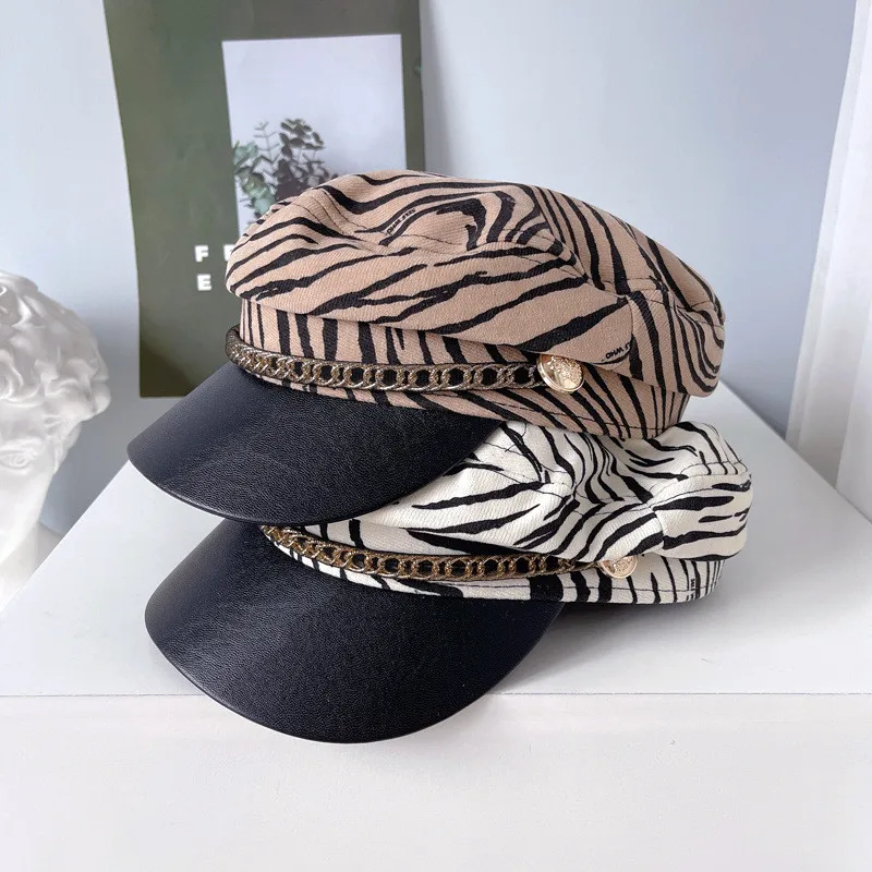 

202106-may-js new autumn British College style zebra-stripe chain button street leisure Octagonal hat men women visors cap