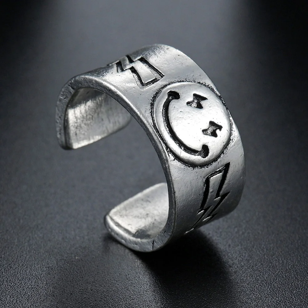 

New Fashion Silvery Smile Face Lightning Pattern Flat Rings for Men Women Opening Adjustable Party Ring Anniversary High Quality
