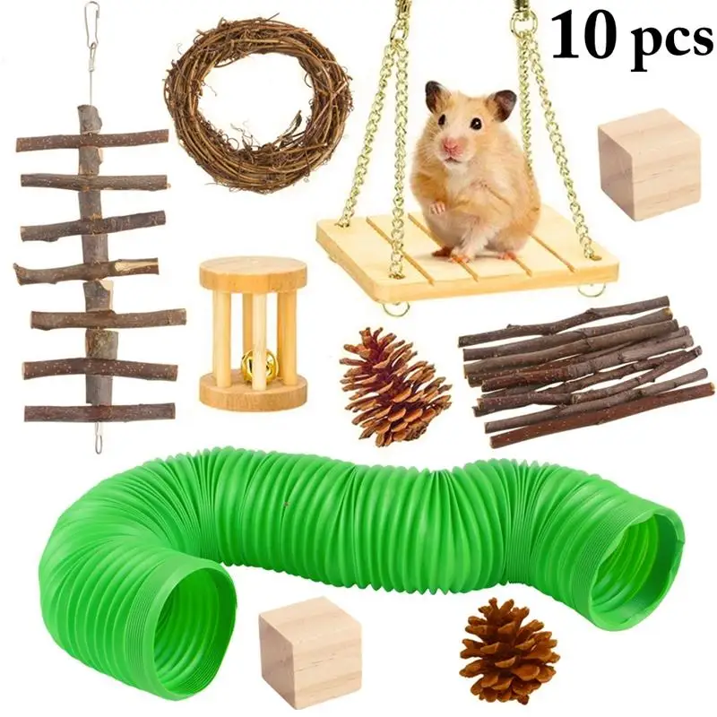 

10 Pcs/Set Hamster Parrot Toy Sets Wooden Hamster Swing Toys For Small Pet Ferret Rats Hideout Rabbit Bird Bite Grind Teeth Toy