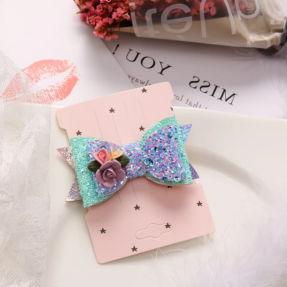 Блестящие банты для волос с блестками цветочные фотозажимы девочек украшения