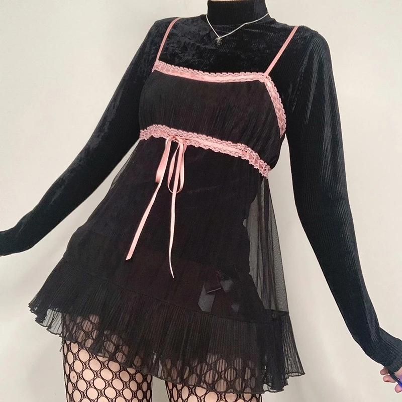 

Dourbesty y2k Cute Fairy Dress Black See Through Slip Dress Contrast Mesh Dresses Women Sleeveless Outfits Sweet 2000s Aesthetic