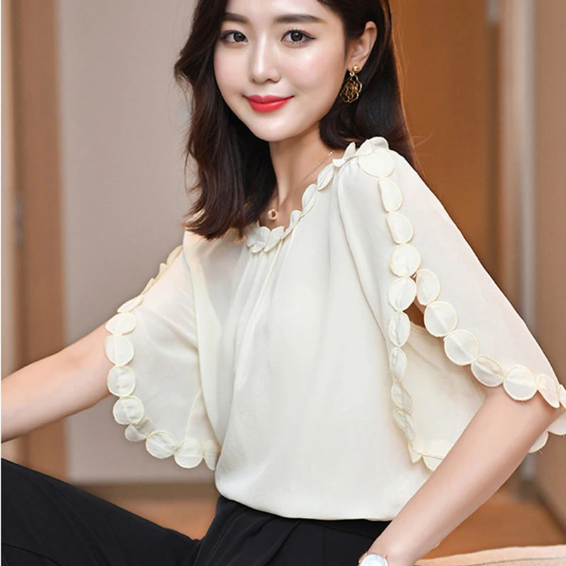 

Women Spring Summer Style Chiffon Blouses Shirts Lady Casual O-Neck Short Flare Sleeve Pink Beige Blusas Tops DD8881