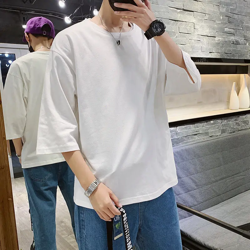 

Мужская футболка с коротким рукавом, белая свободная футболка из чистого хлопка, в Корейском стиле, лето 2021