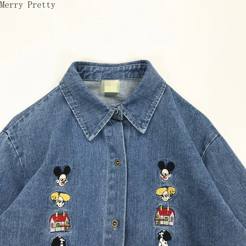 

Women Cartoon Embroidery Denim Shirt Blouse 2020 Spring Casual Turndown Collar Long Sleeve Cotton Shirt Fashion Sweet Style Tops