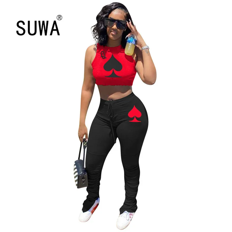 Женский спортивный костюм из двух предметов с принтом топ без рукавов высокой