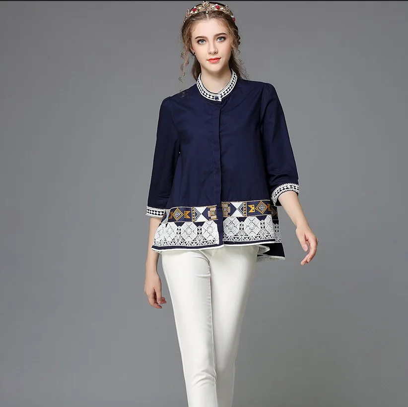 Женские хлопковые рубашки с вышивкой блузки рукавом три четверти темно синие