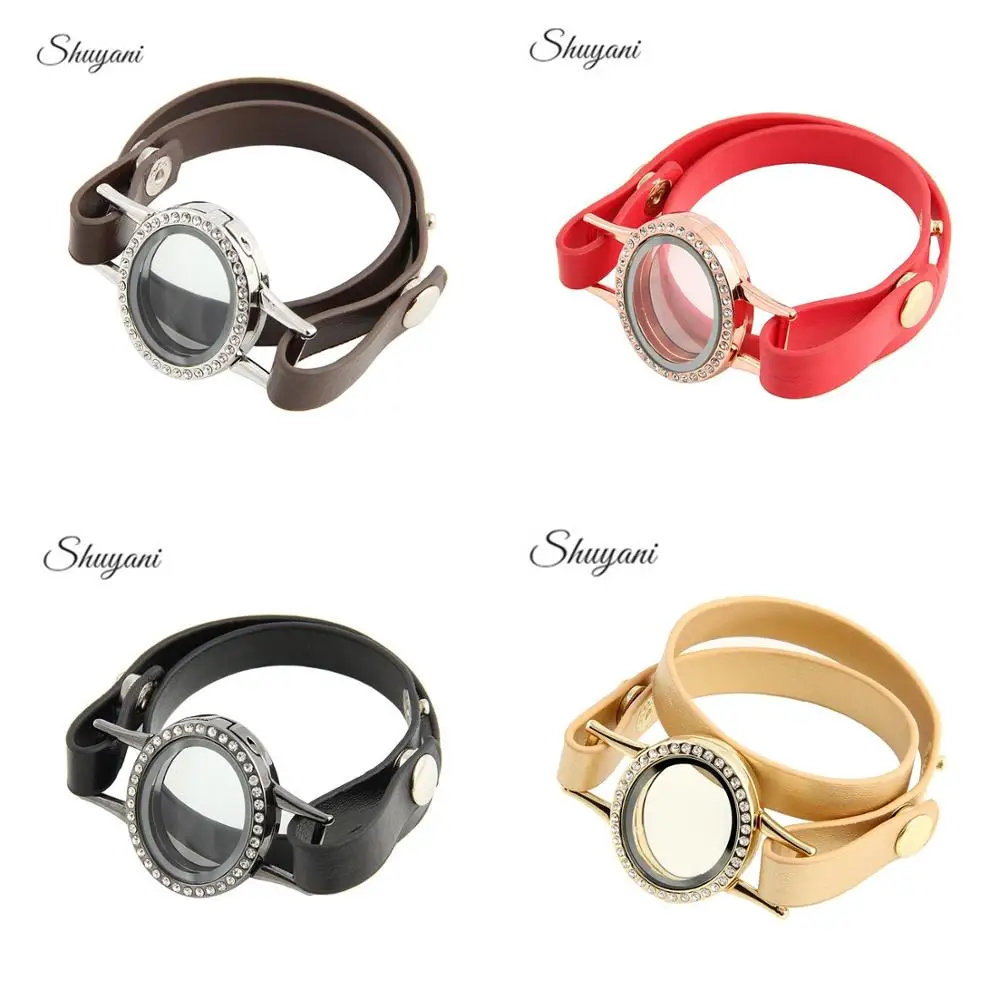 

5pcs/lot 4 Colors Mix Floating Locket Charm Leather Bracelet Bangle Photo Glass Living Memory Locket Pendant Bracelet Women Men
