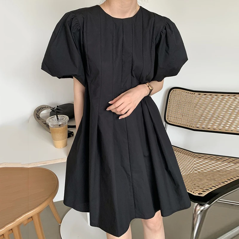 

ZAWAHIKI Korean Solid Pleated Sweet O-neck Vestido Mujer 2021 Spring Loose Short Puff Sleeve Mini Fashion Women's Dress