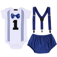 1y baby boy clothes set summer cake smash clothing short sleeve round neck jumpsuit with suspenders diaper pants 3pcs outfits