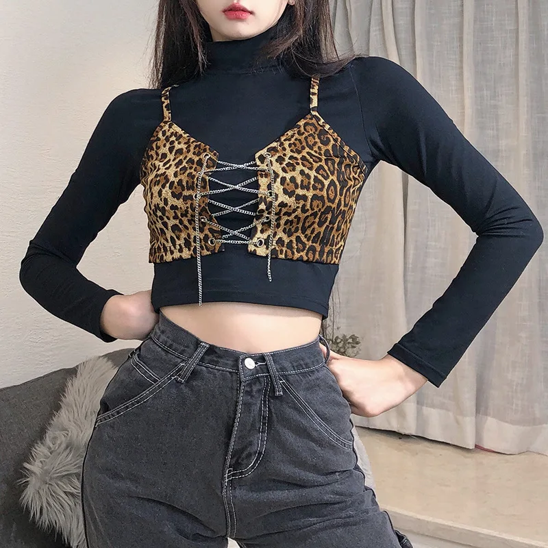 

2021 Patchwork Goth Tops Women E Girl Clothes Turtleneck Long Sleeve T-shirts Lace Up Vintage Tops Slim Leopard T-shirts