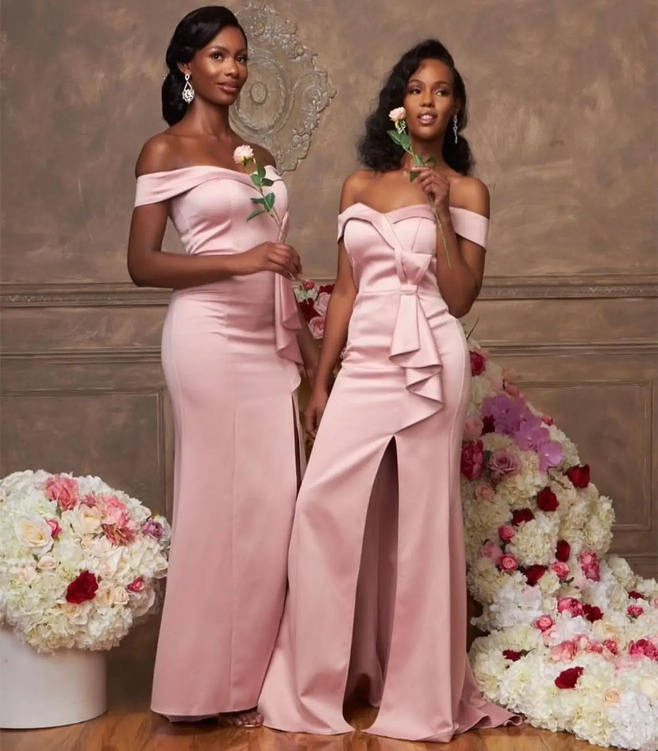 

2021 Mermaid Satin Off Shoulder Side Slit Bridesmaid Dress Floor Length Women Party Night African vestido de fiesta de boda