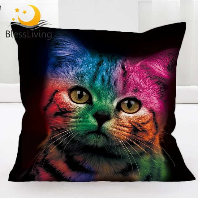 BlessLiving Colorful Cat Pillow Cover for Girl Boy Cushion Cover Cute Cat Pattern Pillow Case Bold Color Black Animal Home Decor 1