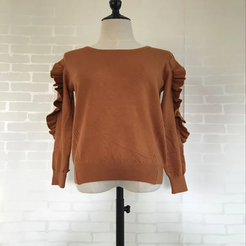 

Women Soft Knitted Sweaters Ruffled Sleeve Graceful Knitting Casual Sweater Pullovers