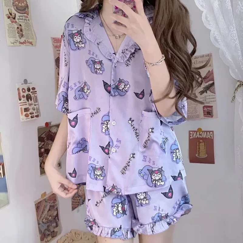 

Sanrioed Kawaii Hellokittys Cinnamoroll Kuromi Mymelody New Style Shortsleeved Sweet Pajamas Women's Home Service Two-Piece Suit