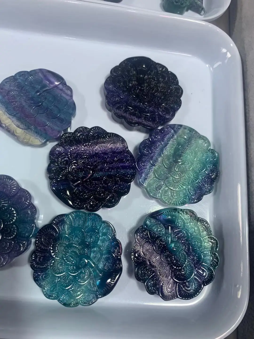 

Natural Rainbow fluorite crystal carvings flower with hole for pendant DIY 1pcs