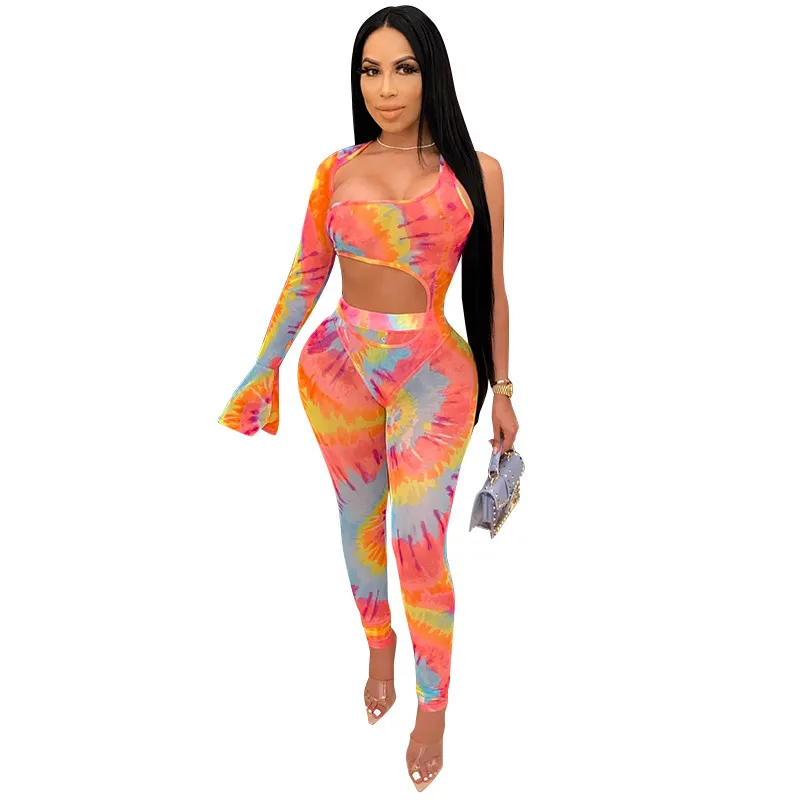 

Floral Print Night Club Flare Long Sleeve Hollow Out Bodysuits+Pants Party 2 Pieces Set Party Fashion Outwear Summer Autumn 2020