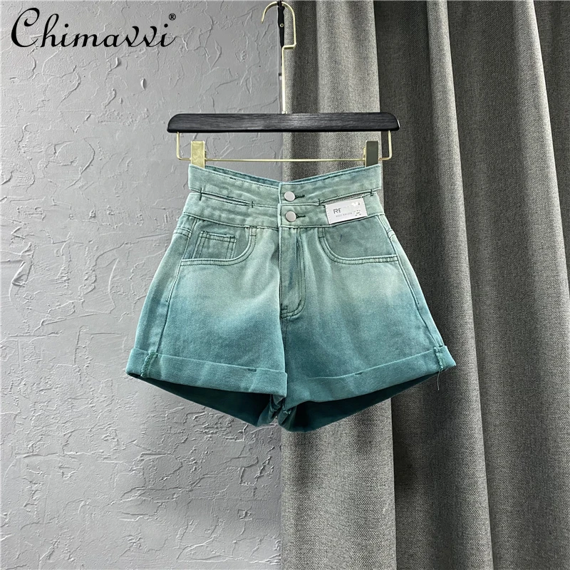 

Unique Style Women Gradient Color Denim Shorts 2021 Summer New Hollow Out High Waist Double Breasted A- Line Hot Pants