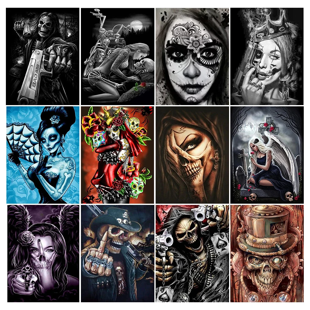 

Diamond Painting DIY Mosaic Diamand Embroidery Bone Cross Stitch Skull Horror Woman and Flower Picture of Rhinestones Home Decor